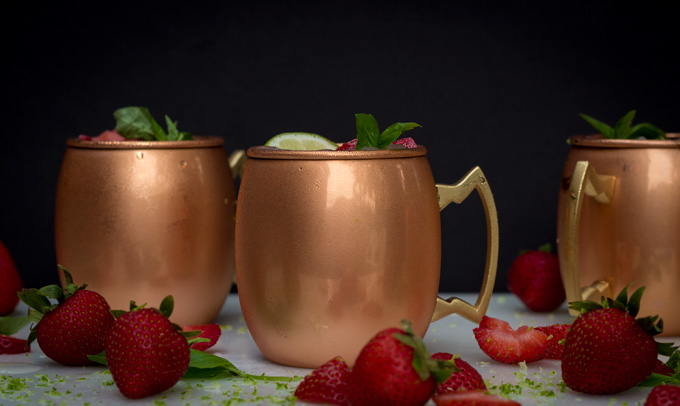 Strawberry Basil Moscow Mules with Black Background