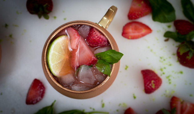 Top View of Strawberry Basil Moscow Mules