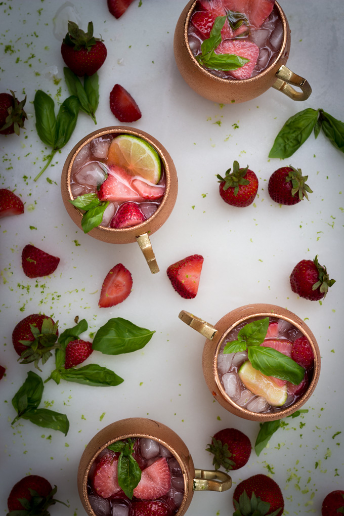Four Glass of Strawberry Basil Moscow Mules