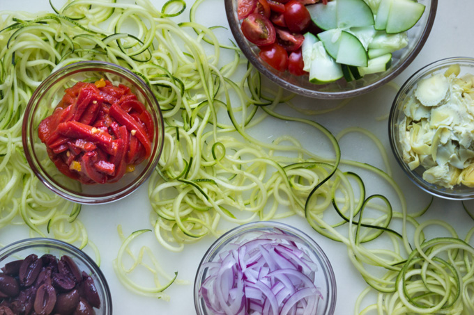 Ingredients for Mediterranean Zucchini Noodle Salad