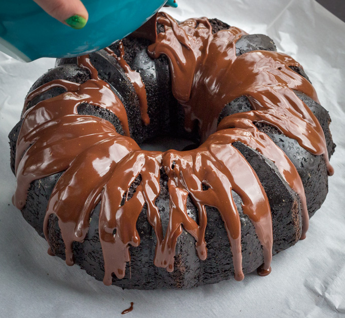 Close up view of Irish Car Bomb Bundt Cake