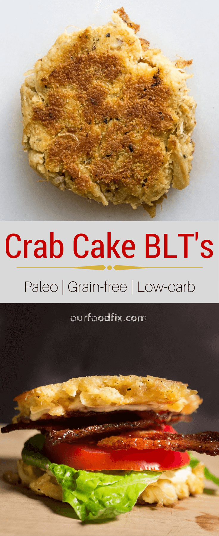 A healthy Paleo crab cake acts as the bread in this grain-free and low-carb version of a BLT. Paleo recipes | Gluten free recipes | Grain free recipes | Holiday recipes | Independence Day | BBQ | Cookout recipes | Party food | Seafood