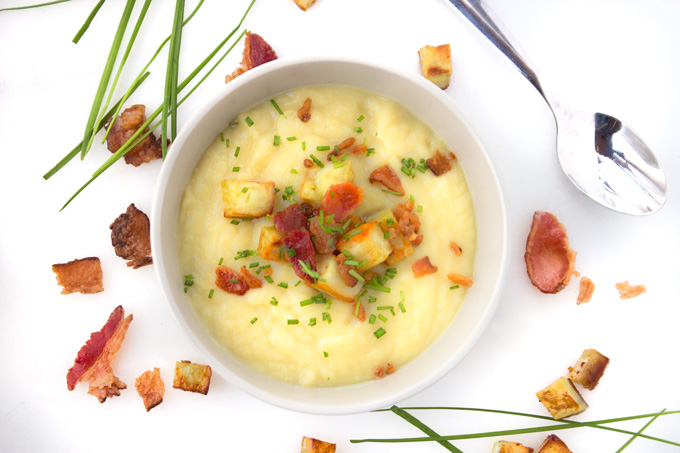 Top view of Instant Pot Loaded Baked Potato Soup with Spoon