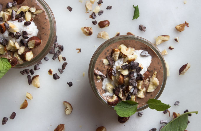 Top view of Chocolate Hazelnut Chia + Flax Pudding {Paleo + Vegan} with Cacao Nibs Toppings